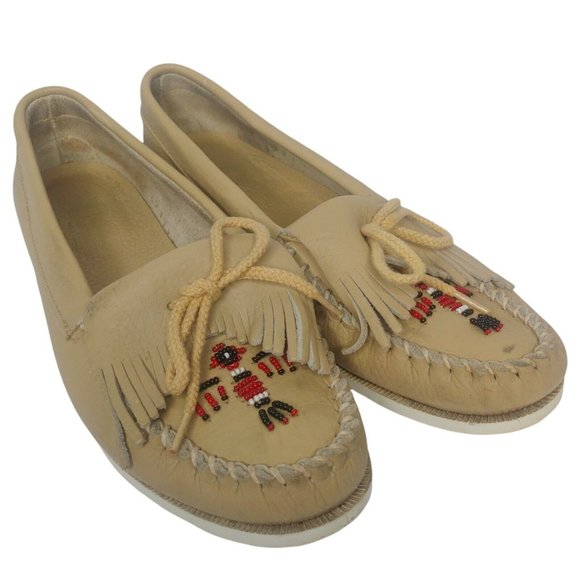 Quoddy Shoes - Quoddy Women's 8.5 M Beaded Thunderbird Loafers Shoes Fringe Tan Slip-on Flats